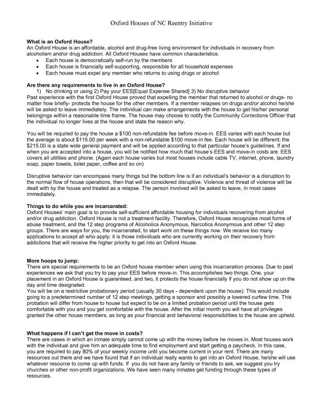 NC Reentry Oxford Houses of North Carolina